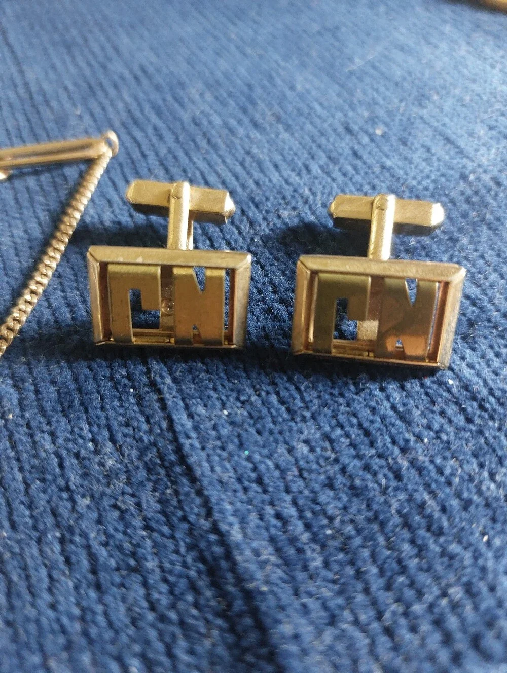 VTG Swank Monogram Cufflinks Tie Bar Set Gold Tone Initials NJ. Estate Jewelry